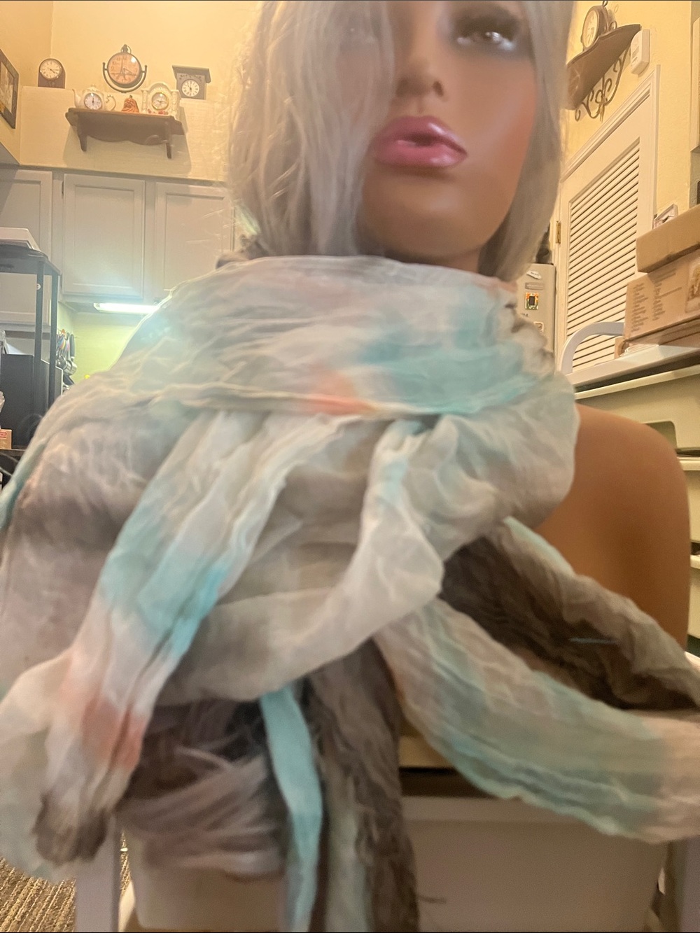 Vintage Joy Susan Sheer Blue, Cream & Coral Lightweight Scarf S47